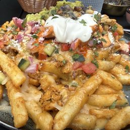Queso fries with shredded chicken