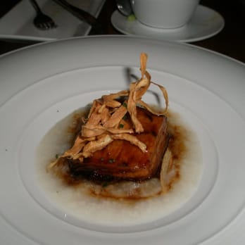 Morimoto Napa - kakuni appetizer - 10 hr pork belly, congee, fried onion strips - Japanese Near Me - Napa, California Morimoto Napa - kakuni appetizer - 10 hr pork belly, congee, fried onion strips - Japanese Near Me - Napa, California