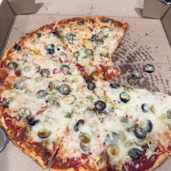 Sylfoni's Pizza - A large "veggie" pizza with green peppers and black olives