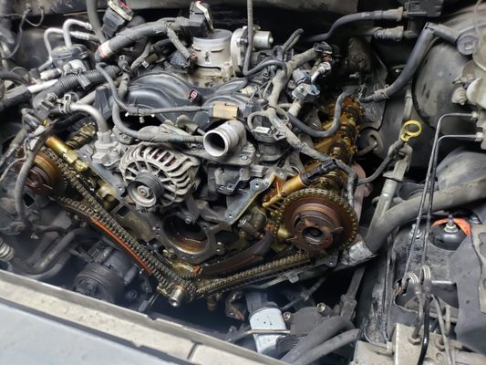 Internal engine repairs - Came in with a timing chain rattle on startup and setting codes for Bank 1 and Bank 2 timing correlation. New timing chain with new guides corrected the issue. Before picture shown. New aluminum cylinder heads on a Chevy small block 350 Internal engine repairs - Came in with a timing chain rattle on startup and setting codes for Bank 1 and Bank 2 timing correlation. New timing chain with new guides corrected the issue. Before picture shown. New aluminum cylinder heads on a Chevy small block 350