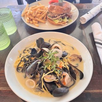 Farmer's Table - Black and white seafood linguini and Bison burger - New American Near Me - La Mesa, California Farmer's Table - Black and white seafood linguini and Bison burger - New American Near Me - La Mesa, California
