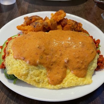 @Union - Chipotle Chorizo Benedict with scrambled eggs instead of poached eggs - Breakfast & Brunch Near Me - Allston, Massachusetts