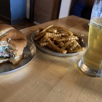 The Drawing Board - Smoky chicken salad sandwich, fries, and cider. - New American Near Me - Saint Louis, Missouri
