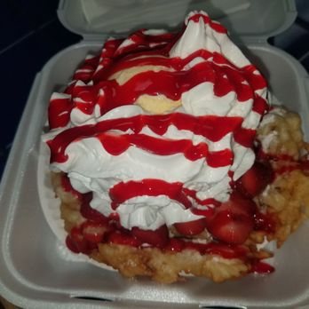 Sticky Icky Funnel Cakes - Strawberry Funnel Cake with Vanilla Ice Cream & Whipped Cream. - Juice Bars & Smoothies Near Me - Long Beach, California Sticky Icky Funnel Cakes - Strawberry Funnel Cake with Vanilla Ice Cream & Whipped Cream. - Juice Bars & Smoothies Near Me - Long Beach, California