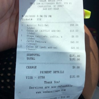 Veda Nail Spa - Receipt - Nail Salons Near Me - Charleston, South Carolina