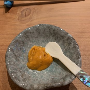 Sushi Shin - Hokkaido uni that was put in salt water. The interesting spoon is made from shellfish - Sushi Bars Near Me - Redwood City, California Sushi Shin - Hokkaido uni that was put in salt water. The interesting spoon is made from shellfish - Sushi Bars Near Me - Redwood City, California