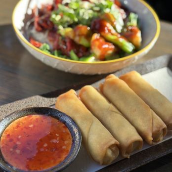 Sweet Rice Asian Kitchen - a bowl of dipping sauce and a plate of spring rolls - Thai Near Me - Chicago, Illinois