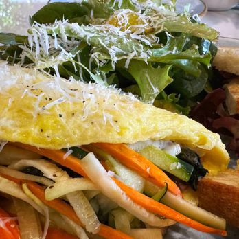 Little Corner Cafe - House Omelet (w / a breakfast salad, toasted sourdough bread, canadian bacon, mushrooms, vegetables, cheese, spinach) - Sandwiches Near Me - Glendale, California