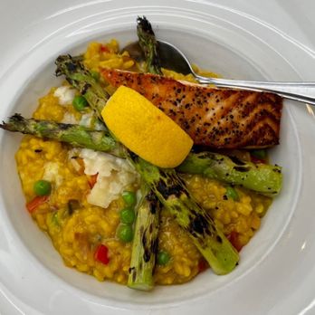 Chagall's - Saffron risotto with grilled Salmon - Canadian (New) Near Me - Hamilton, Ontario Chagall's - Saffron risotto with grilled Salmon - Canadian (New) Near Me - Hamilton, Ontario