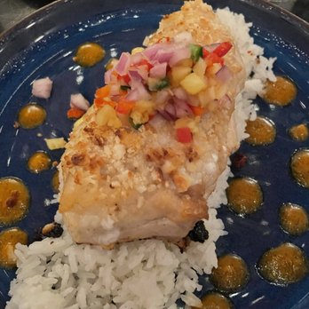 Pompano Grill - Grouper; Macadamia Crust served with Coconut Rice - Seafood Near Me - Cocoa Beach, Florida