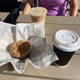 My Mocha, wife's Vanilla Ice Latte and a coffee cake muffin.