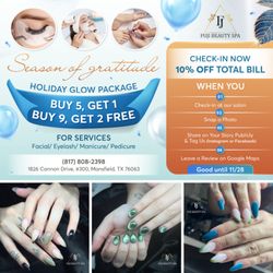 Fuji Beauty Spa - HOLIDAY GLOW PACKAGE
BUY 5, GET 1 FREE!
BUY 9, GET 2 FREE!
(For services: Facial, Eyelash, Manicure, Pedicure)