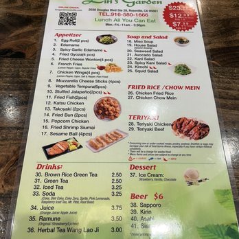 Lin's Garden - AYCE Lunch Menu (date of picture: 02/24/26) - Japanese Near Me - Roseville, California