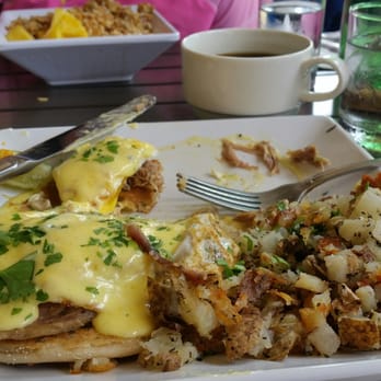 Anuenue Cafe - Eggs Benedict Hawaii style with kalua pork, Meyer lemon hollendaise, and home-style potato hash.  Best Americano coffee on the island. - Cafes Near Me - Koloa, Hawaii
