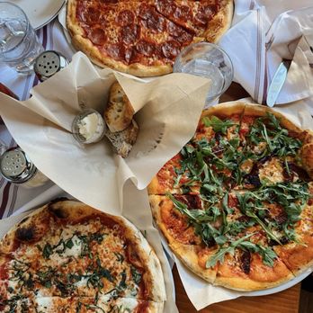 La Bicyclette - Wood-Fired Oven Pizzas (top to bottom): Classic Pepperoni Basque Margherita   Pains du Jour (middle) - French Near Me - Carmel, California