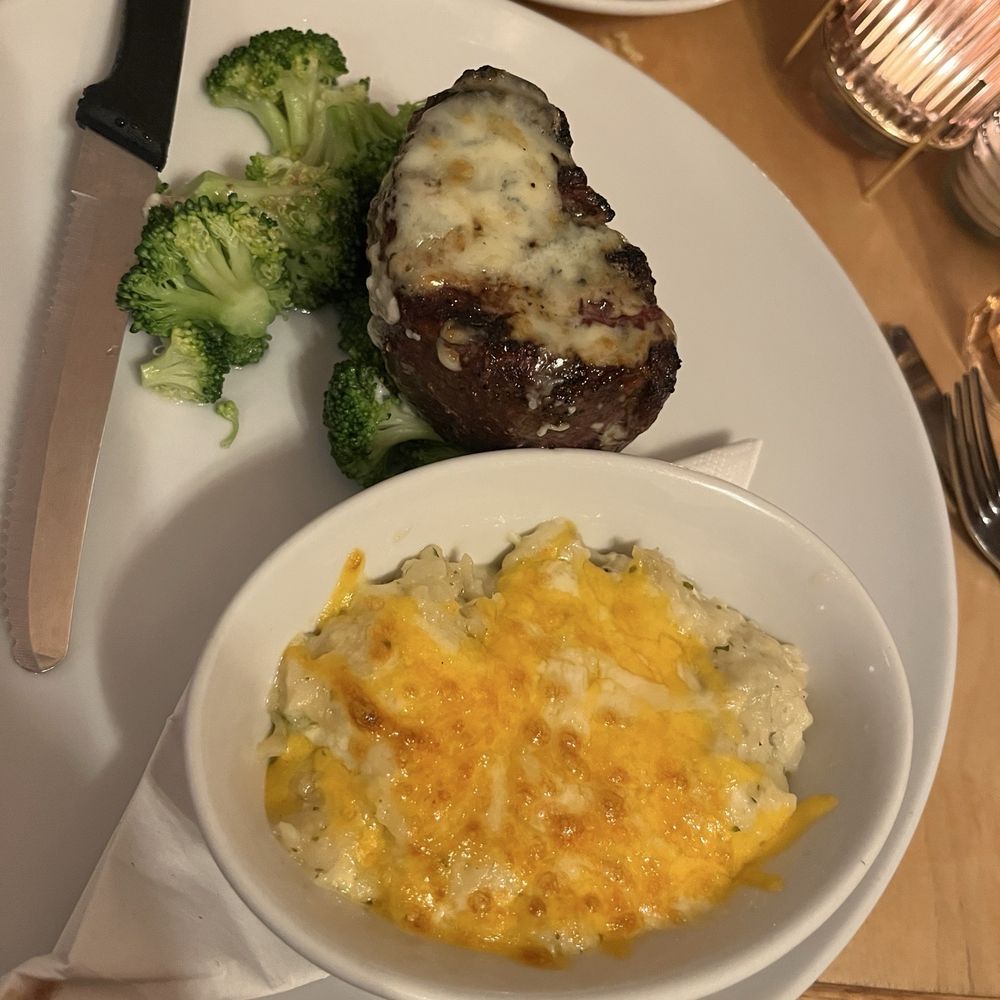 Ophelia’s - Blue cheese encrusted 8oz filet with broccoli and potato casserole. - Cafes Near Me - Fort Wayne, Indiana Ophelia’s - Blue cheese encrusted 8oz filet with broccoli and potato casserole. - Cafes Near Me - Fort Wayne, Indiana