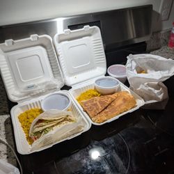 La Fonda Latina - Shrimp Tacos and Chicken Sandwich with chips and salsa