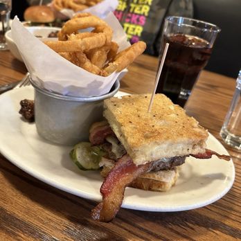 Max Burger - Fatty Melt with onion rings. - Burgers Near Me - West Hartford, Connecticut Max Burger - Fatty Melt with onion rings. - Burgers Near Me - West Hartford, Connecticut
