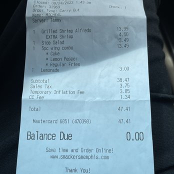 Smackers - My receipt  of the total bill...Tell me what you think - Chicken Wings Near Me - Memphis, Tennessee