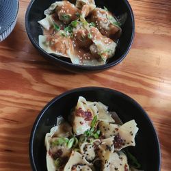 Dr. Zhang - Wontons with teriyaki and peanut sauce (top), wontons with teriyaki and chili oil (bottom)