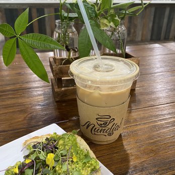 Mundial Coffee - Iced brown sugar oat milk latte with avocado toast - Coffee & Tea Near Me - Riverside, California