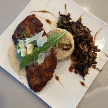 Chef JR Dinners - Milanese chicken with lemon cream, portobello mushroom risotto and pan roasted Brussels sprouts - Personal Chefs Near Me Chef JR Dinners - Milanese chicken with lemon cream, portobello mushroom risotto and pan roasted Brussels sprouts - Personal Chefs Near Me