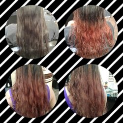 Weber's Barbering - Burgundy balayage/ombré on natural (never colored hair), with a long layer cut.
