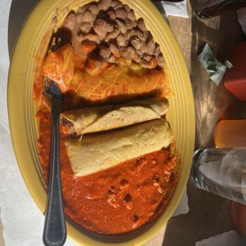 El Pinto - Number 2. Rolled taco, tamale, chile con carne, red enchilada and beans. - New Mexican Cuisine Near Me - Albuquerque, New Mexico