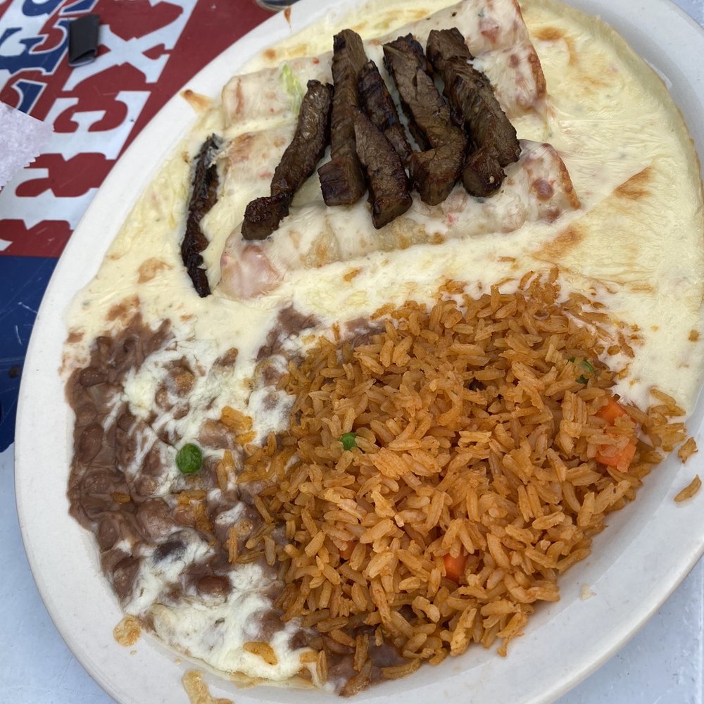 Amigos Aca Y alla - Cheese Enchiladas with Fajita Meat beans and rice - Mexican Near Me - Richardson, Texas Amigos Aca Y alla - Cheese Enchiladas with Fajita Meat beans and rice - Mexican Near Me - Richardson, Texas