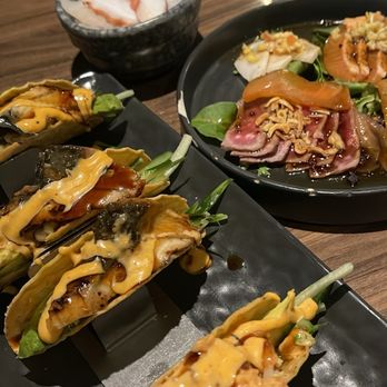 August 8 - eel tacos, spicy salmon tacos, salmon tataki, beef tataki, assorted sashimi - Japanese Near Me - Toronto, Ontario