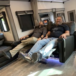 Our "tour guide" and my Jim chillin in the dueling massaging reclining chairs! Great walk through!! Our "tour guide" and my Jim chillin in the dueling massaging reclining chairs! Great walk through!!