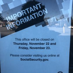 Social Security Office - This was posted on the door. Doesn't follow the official hours posted on the government website. 15 cars here waiting for the office to open