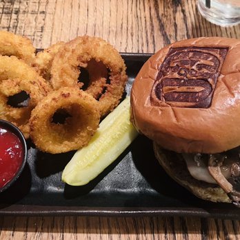 Copper and Oak - Mushroom Swiss Burger w/onion rings. - Burgers Near Me - Danville, Kentucky Copper and Oak - Mushroom Swiss Burger w/onion rings. - Burgers Near Me - Danville, Kentucky