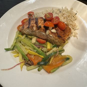 Fish City Grill - Garlic caper grilled salmon with mixed veggies instead of spinach - Seafood Near Me - Allen, Texas Fish City Grill - Garlic caper grilled salmon with mixed veggies instead of spinach - Seafood Near Me - Allen, Texas