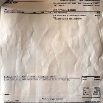 Oceanside Truck Service - Second page of bill - RV Repair Near Me - Oceanside, California Oceanside Truck Service - Second page of bill - RV Repair Near Me - Oceanside, California