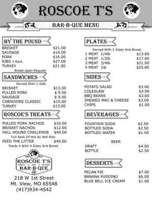 Menu photo 1 Roscoe T's Bar-B-Que Mountain View, MO Menu photo 1 Roscoe T's Bar-B-Que Mountain View, MO