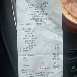 The receipt and the cashier name with the "long" order that took 10 minutes to put in