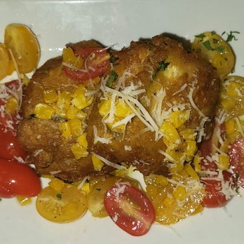Giovanni's Brooklyn Eats - Fried Zucchini Fritters stuffed w/ Prosciutto & Burrata Mozzarella Cheese w tomatoes - Italian Near Me - Brooklyn, New York Giovanni's Brooklyn Eats - Fried Zucchini Fritters stuffed w/ Prosciutto & Burrata Mozzarella Cheese w tomatoes - Italian Near Me - Brooklyn, New York