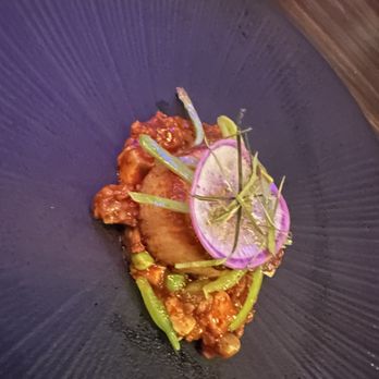 Sparrow + Wolf - Pan seared scallop w/ edemame, radish, lemongrass, turmeric mapo tofu. Aa bit salty and spicy but still yummy! - New American Near Me - Las Vegas, Nevada