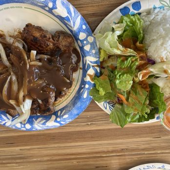 Sunnyside - Pork Chop with Onions salad and white rice Gravy all overMajah - Breakfast & Brunch Near Me - Wahiawa, Hawaii