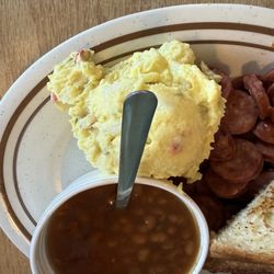 Plank's Barbeque - Potato salad, beans and hot link