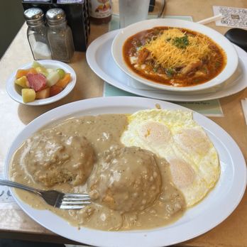 Grits N' Gravy - Biscuits and sausage gravy, fried eggs, shrimp and grits, fruit cup - Southern Near Me - Portland, Oregon Grits N' Gravy - Biscuits and sausage gravy, fried eggs, shrimp and grits, fruit cup - Southern Near Me - Portland, Oregon