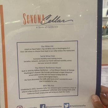 Sonoma Cellar - Front cover of the menu - Wine Tasting Room Near Me - Alexandria, Virginia