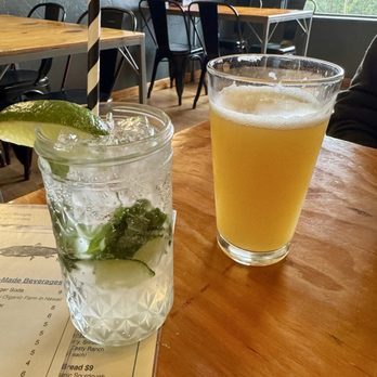 Yodelin - The Gardiner cocktail on the left and hazy IPA on the right, yum - Seafood Near Me - Port Angeles, Washington Yodelin - The Gardiner cocktail on the left and hazy IPA on the right, yum - Seafood Near Me - Port Angeles, Washington