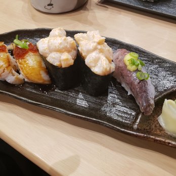 Sushi Lovers - Left to right: engawa, chopped scallop, aji - Sushi Bars Near Me - Richmond, British Columbia