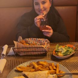 Steak n' Cheese Stack with Fries, side Caesar, chicken strips, and wildberry rose sangria. Steak n' Cheese Stack with Fries, side Caesar, chicken strips, and wildberry rose sangria.