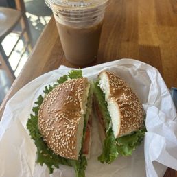 Breakfast bagel and iced coffee Breakfast bagel and iced coffee
