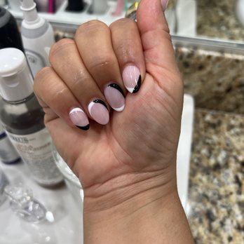 Pinks Nail Spa - Gel x manicure with black and white swirl design. - Nail Salons Near Me - Los Angeles, California