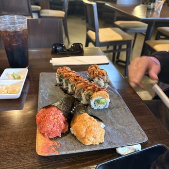 Oishi Sushi - One tuna hand roll and one salmon hand rolls. Spicey salmon roll AYCE - Sushi Bars Near Me - Conroe, Texas