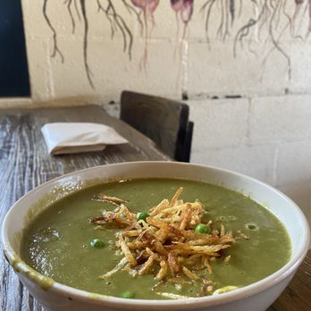 Grass Roots Kitchen - Root Spring Soup Pea, Leek, Potato, Spinach, Mint, Dill (v, gf) - New American Near Me - Tarrytown, New York Grass Roots Kitchen - Root Spring Soup Pea, Leek, Potato, Spinach, Mint, Dill (v, gf) - New American Near Me - Tarrytown, New York